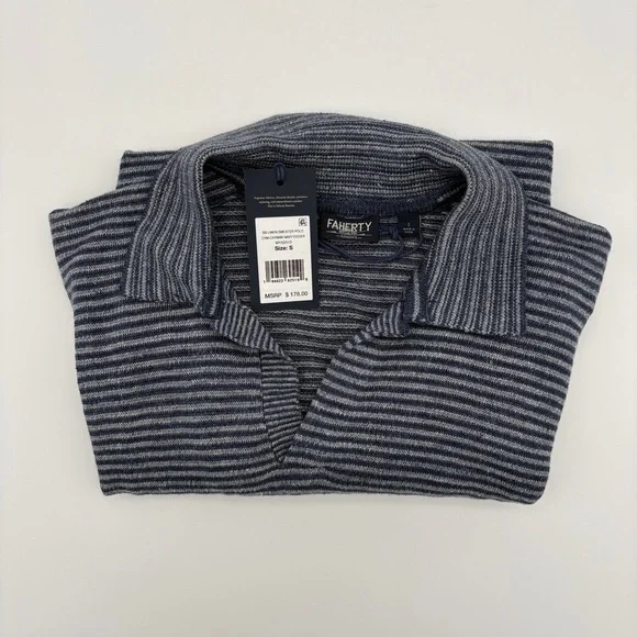 NWT Mens Small Faherty Cayman Navy Feeder Short Sleeve Linen Sweater Polo Top